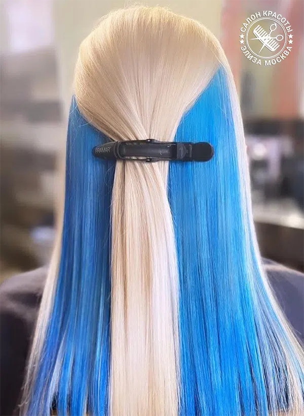 Скрытое окрашивание волос блонд и синий цвет
